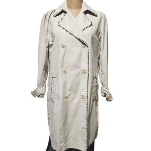 Identity by Lord & Taylor Trench Coat Size 2 Beige Leopard Trim Double Breasted